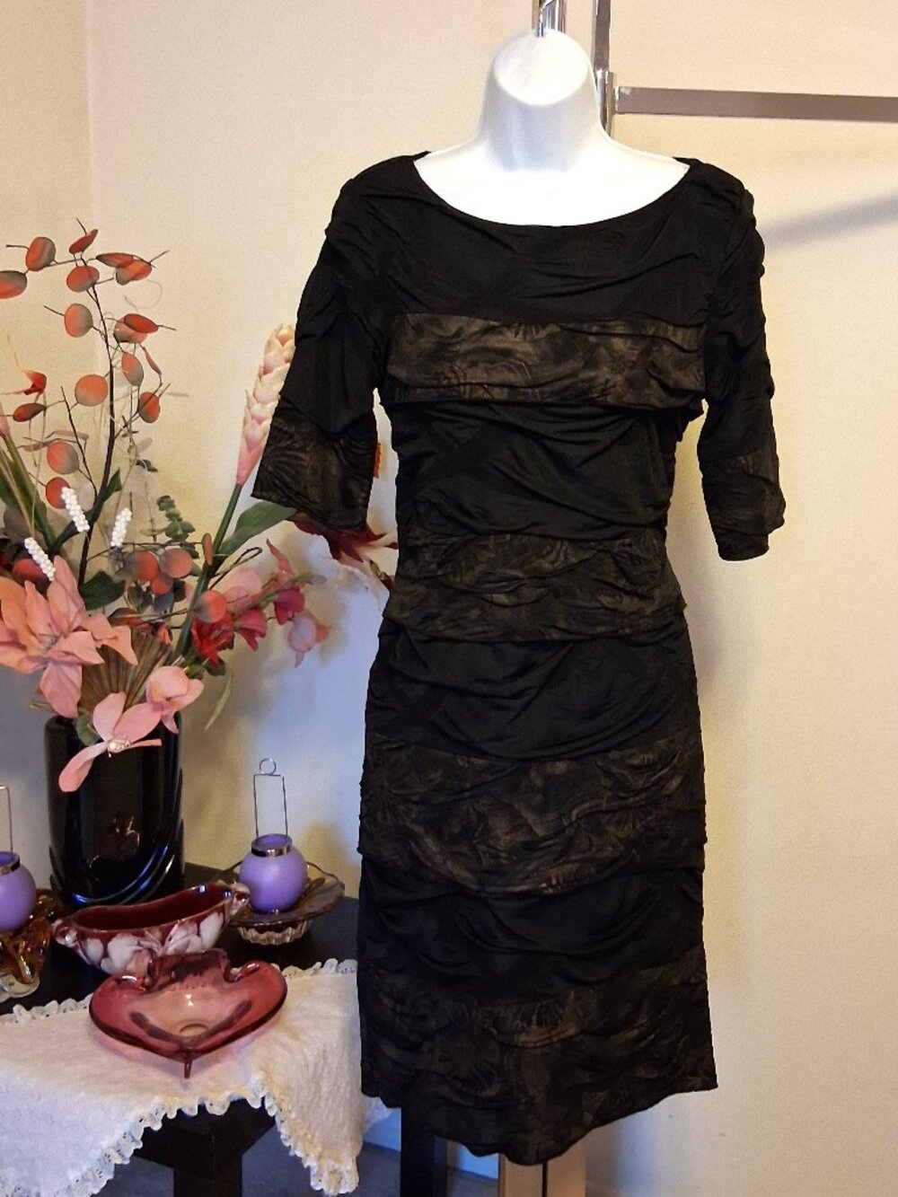 Simon Chang Well Tailored Pleated Lined Midi Dress ¾ Sleeve Women 8 Brown Chic